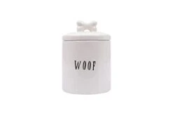 Farmhouse Ceramic Jar With "Woof" Message And Lid With Bone, White And Black