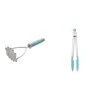 KitchenAid Gourmet Stainless Steel Wire Masher, 10.24-Inch, Aqua Sky & Silicone Tipped Stainless Steel Tongs, 10.26 Inch, Aqua Sky
