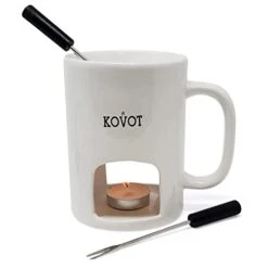 Personal Fondue Mugs Set Of 2 | Ceramic Mugs For Chocolate Or Cheese | Includes Forks And Tealights| Double Vented (White) -Peugeot Shop 310fBNeydBL