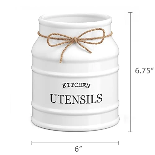 Ceramic Farmhouse Kitchen Utensil Holder For Countertop, Decorative Kitchen Utensil Holder, Large Kitchen Utensil Holder For Kitchen Counter, Utensil Crock Spatula Holder, 6.75" White 5 Ceramic Farmhouse Kitchen Utensil Holder For Countertop, Decorative Kitchen Utensil Holder, Large Kitchen Utensil Holder For Kitchen Counter, Utensil Crock Spatula Holder, 6.75" White - Image 5