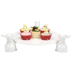 Decorative White Ceramic Cake Stand With Rabbit Design, 16-Inch Dessert Serving Tray