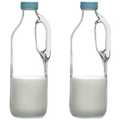 2 Pc 47oz Clear Glass Milk Bottles Glass Pitcher With Handle And Lids - Airtight Milk Container For Refrigerator Jug Water Juice Heavy Milk Bottle Liquid Containers For Kitchen