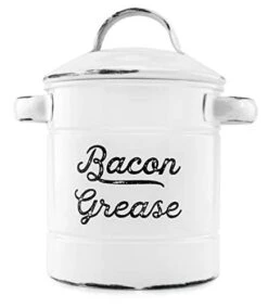 Grease Container, White Enamelware Bacon Grease Can With Strainer, Farmhouse Style, Keto-Friendly