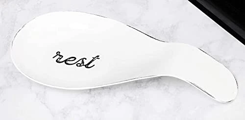 Farmhouse White Spoon Rest, Distressed Enamel Ceramic Spoon Holder In Rustic Style 3 Farmhouse White Spoon Rest, Distressed Enamel Ceramic Spoon Holder In Rustic Style - Image 3