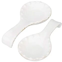 Stove Top White Ceramic Spoon Rest With Beaded Design, Modern Farmhouse Counter Spatula Utensil Holder Cradle, Set Of 2
