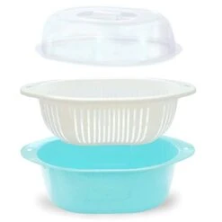 3 In 1 Dish Tub And Colander Set With Lid, Vegetable Washer With Bowl, Dishpan Strainer Basket Lettuce Washer And Dryer - Water Drain And Compact Storage(Blue) - 4 Quarts