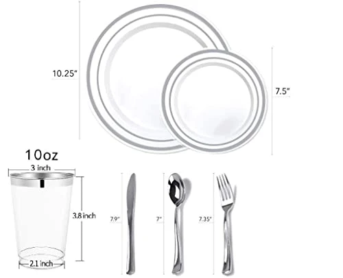 700 Piece Silver Dinnerware Set - 200 Silver Rim Plastic Plates - 300 Silver Plastic Silverware - 100 Silver Plastic Cups - 100 Linen Like Silver Napkins, 100 Guest Disposable Silver Dinnerware Set 2 700 Piece Silver Dinnerware Set - 200 Silver Rim Plastic Plates - 300 Silver Plastic Silverware - 100 Silver Plastic Cups - 100 Linen Like Silver Napkins, 100 Guest Disposable Silver Dinnerware Set - Image 2
