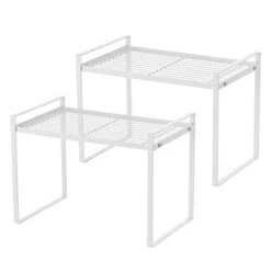 Aksipo 2 Pack Stackable Cabinet Shelf Cupboard Stand Spice Rack Pantry Shelf Kitchen Countertop Organizer Shelf, 13'' Sturdy Metal Frame Rust Resistant Nonslip Milky White