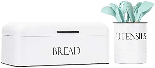 Vintage Metal Bread Box & Kitchen Utensil Holder Set, White | Large Bread Box W/Swing Up Lid | Farmhouse Bread Box & Utensil Holder For Countertop | Kitchen Decor | Housewarming Gift 5 Vintage Metal Bread Box & Kitchen Utensil Holder Set, White | Large Bread Box W/Swing Up Lid | Farmhouse Bread Box & Utensil Holder For Countertop | Kitchen Decor | Housewarming Gift - Image 5
