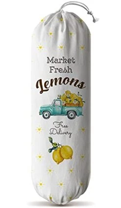 Hglian Farmhouse Grocery Plastic Bag Holder Dispenser Cute Market Fresh Lemons Buffalo Check Truck Shopping Trash Bags Storage Container Organizer Lemons Kitchen Decor Yellow Blue