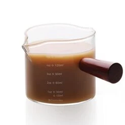 Double Spouts 150ML /5OZ Measuring Triple Pitcher Milk Cup With Wood Handle Espresso Shot Glasses Parts Clear Glass (1)