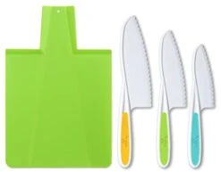 Kids Kitchen Knife And Foldable Cutting Board Set: Children's Cooking Knives In 3 Sizes & Colors/Firm Grip, Serrated Edges, BPA-Free Kids' Knives/Safe Lettuce And Salad Knives… (Green)