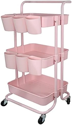 Freletry 3 Tier Utility Rolling Cart Storage Organizer Shelf Rack With 3PCS Hanging Cups + 8PCS Hooks + 2PCS Storage Box For Home Office Kitchen Bathroom Storage (Pink 3 Cup+8 Hook+2 Storage Box) 4 Freletry 3 Tier Utility Rolling Cart Storage Organizer Shelf Rack With 3PCS Hanging Cups + 8PCS Hooks + 2PCS Storage Box For Home Office Kitchen Bathroom Storage (Pink 3 Cup+8 Hook+2 Storage Box) - Image 4