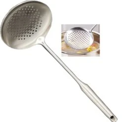 Kimmer Spoon Stainless Steel 304 Slotted Colander Strainer Ladle For Cooking Professional Heat Proof Hollow Handle Dishwasher Safe 14.96 Inches