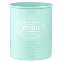 Large Farmhouse Kitchen Utensil Holder For Countertop - Kitchen Utensil Caddy - Teal Cooking Utensils Holder For Kitchen Counter - Utensil Organizer Jar For Wooden Spoon And Spatulas