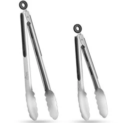 Otec Stainless Steel Kitchen Tongs Set Of 2 - 9" And 12", Locking Metal Food Tongs Non-Slip Grip