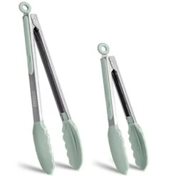 Kitchen Tongs, Stainless Steel Silicone Tongs For Cooking 600ºF High Heat-Resistant BBQ Grilling Locking Tongs, Set Of 2-9" And 12" Light Green