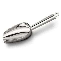 Metal Ice Scoop 6 Ounces, Small Stainless Steel 8.25 Inch Food Scoops For Kitchen Party Bar Wedding, Heavy Duty & Anti Rust, Superb Mirror Polish Surface, Easy Clean & Dishwasher Safe. By Kenbutsu.