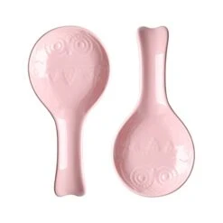 Owl Ceramic Spoon Rest Set, Large Spoon Holder For Kitchen, Drip Catcher For Ladle, Spatula, Tongs, Cooking Accessories, Set Of 2 (Pink)
