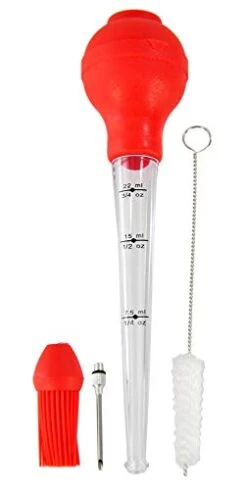 OME-X Silicone Food Baster With Interchangeable Baster Needle And Sauce Brush, Cleaning Brush Included, 11" L X 3" W X 2 ¼” H, Clear/Red