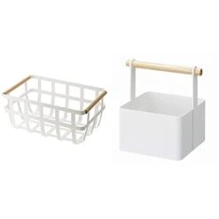 Yamazaki AMAZAKI Home 2507 Storage Basket-Dual Handle Organizer, One Size, White & Storage Basket - Wood Handle Organizer, White, White, Small