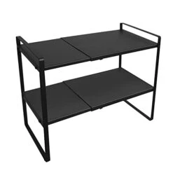2 Tier Expandable Cabinet Shelf Organizer Over The Sink Storage Rack 2 Tier Adjustable Countertop For Kitchen Bathroom Pantry Spice Cupboard Dish Cup Bottle Pot Metal Plate Heavy Duty Nonslip(Black)