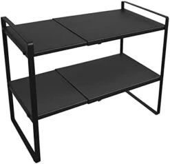 2 Tier Expandable Cabinet Shelf Organizer Over The Sink Storage Rack 2 Tier Adjustable Countertop For Kitchen Bathroom Pantry Spice Cupboard Dish Cup Bottle Pot Metal Plate Heavy Duty Nonslip(Black) -Peugeot Shop 31VlNuysLuL. AC
