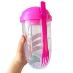 Portable Outdoor Fresh Salad Food Vegetable And Fruit Diet Lunch To Go Container Serving Shaker Holder Set With Dressing Pot And Fork With 4 Colors Options (Pink)