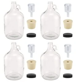 1 Gallon Glass Fermenting Jug With Handle, 6.5 Rubber Stopper, 2-Piece Airlock, Black Plastic Lid - Set Of 4