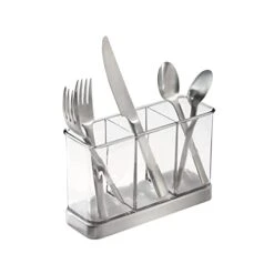 Plastic Cutlery Storage Organizer Caddy Bin For Kitchen Table, Cabinet Or Pantry - Holds Forks, Knives, Spoons, Serving Utensils - Indoor Or Outdoor Use, 3 Sections - Clear/Chrome