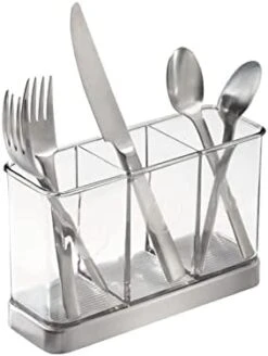 Plastic Cutlery Storage Organizer Caddy Bin For Kitchen Table, Cabinet Or Pantry - Holds Forks, Knives, Spoons, Serving Utensils - Indoor Or Outdoor Use, 3 Sections - Clear/Chrome -Peugeot Shop 31ZUfeB7pQL. AC