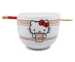 Hello Kitty Cup Noodles Japanese Ceramic Dinnerware Set | Includes 20-Ounce Ramen Bowl And Wooden Chopsticks | Asian Food Dish Set For Home Kitchen | Kawaii Anime Gifts, Official Sanrio Collectible