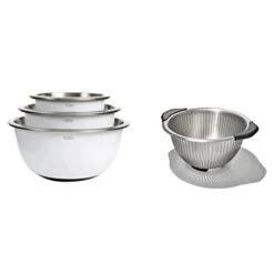 OXO Good Grips 3-Piece Stainless-Steel Mixing Bowl Set, White & Good Grips Stainless Steel 5 Qt./ 4.7 L Colander