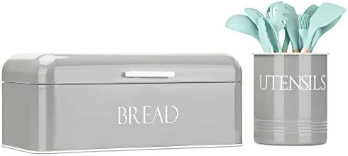 Vintage Metal Bread Box & Kitchen Utensil Holder Set, White | Large Bread Box W/Swing Up Lid | Farmhouse Bread Box & Utensil Holder For Countertop | Kitchen Decor | Housewarming Gift 3 Vintage Metal Bread Box & Kitchen Utensil Holder Set, White | Large Bread Box W/Swing Up Lid | Farmhouse Bread Box & Utensil Holder For Countertop | Kitchen Decor | Housewarming Gift - Image 3