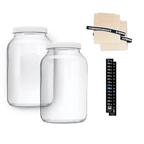 2 One-Gallon Glass Kombucha Jars With Breathable Muslin Cloth Covers, And Rubber Bands | 2 Pack Gallon Jars | Perfect SCOBY Home For Anyone Looking To Brew Their Own Kombucha | American-Made Glass Jar 1 2 One-Gallon Glass Kombucha Jars With Breathable Muslin Cloth Covers, And Rubber Bands | 2 Pack Gallon Jars | Perfect SCOBY Home For Anyone Looking To Brew Their Own Kombucha | American-Made Glass Jar