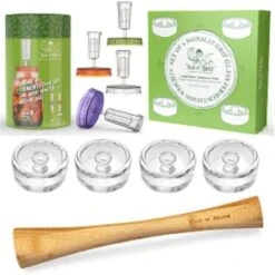 Year Of Plenty Complete Fermenting Set | Includes 4 NonSlip Grip Fermentation Weights | 4 Airlock Lids | 1 12" Bamboo Cabbage Tamper | For Wide Mouth Mason Jar Ferments Such As Sauerkraut & Kimchi