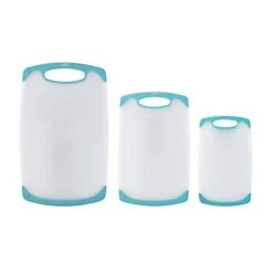 Non Slip Plastic Cutting Board Set With Juice Grooves, Set Of 3, White And Aqua