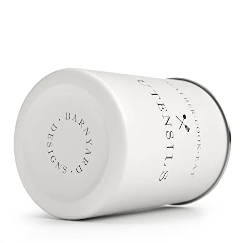 White Utensil Holder For Kitchen Countertop, Farmhouse Metal Utensil Crock, Rustic Country Decorative Kitchen Utensil Caddy Large, 5.5x6.75 4 White Utensil Holder For Kitchen Countertop, Farmhouse Metal Utensil Crock, Rustic Country Decorative Kitchen Utensil Caddy Large, 5.5x6.75 - Image 4