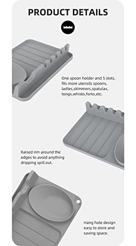 Silicone Spoon Rest, Utensil Holder, Gray, With Drip Pad For Multiple Utensils, Heat Resistant, 10.51x7.32 Inches 4 Silicone Spoon Rest, Utensil Holder, Gray, With Drip Pad For Multiple Utensils, Heat Resistant, 10.51x7.32 Inches - Image 4