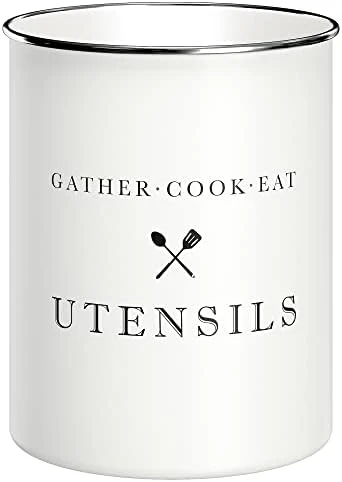 White Utensil Holder For Kitchen Countertop, Farmhouse Metal Utensil Crock, Rustic Country Decorative Kitchen Utensil Caddy Large, 5.5x6.75 13 White Utensil Holder For Kitchen Countertop, Farmhouse Metal Utensil Crock, Rustic Country Decorative Kitchen Utensil Caddy Large, 5.5x6.75 - Image 13