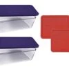 Pyrex Basics Clear Glass Food Storage Dishes, 2 (11-Cup) Oblong Dishes With Navy Blue And Red Plastic Lids