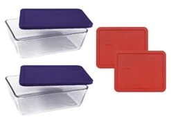 Pyrex Basics Clear Glass Food Storage Dishes, 2 (11-Cup) Oblong Dishes With Navy Blue And Red Plastic Lids