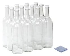 - W5-CT-WT-SB 750ml Clear Glass Bordeaux Wine Bottle Flat-Bottomed Screw-Top Finish - With 28mm White Metal Lids & Shrink Bands - Case Of 12, Clear With White Lids