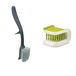 Joseph Joseph 85026 Edge Dish Brush With Integrated Sink Rest, Gray & BladeBrush Knife And Cutlery Cleaner Brush Bristle Scrub Kitchen Washing Non-Slip, One Size, Green