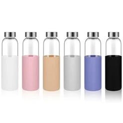Clear Glass Bottles With Lids And Silicone Sleeve 18 Oz, Glass Reusable Water Bottles With Stainless Steel Cap For Juicing,Refrigerator,100% Leak Proof, BPA Free Eco Friendly,Set Of 6