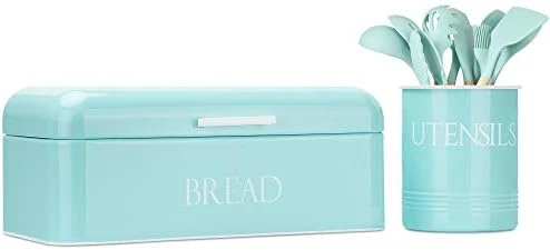 Vintage Metal Bread Box & Kitchen Utensil Holder Set, White | Large Bread Box W/Swing Up Lid | Farmhouse Bread Box & Utensil Holder For Countertop | Kitchen Decor | Housewarming Gift 4 Vintage Metal Bread Box & Kitchen Utensil Holder Set, White | Large Bread Box W/Swing Up Lid | Farmhouse Bread Box & Utensil Holder For Countertop | Kitchen Decor | Housewarming Gift - Image 4