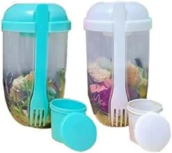 Keep Fit Salad Meal Shaker Cup,Fresh Salad Cup To Go,Portable Fruit And Vegetable Salad Cups Container With Fork & Salad Dressing Holder (Pink + Green) -Peugeot Shop 41 zpfBcCsL. AC