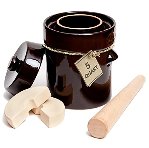 Sauerkraut Crock And Pounder 1.3 Gallon With Weihts And Lid - 5 Liter Fermentation Crock For Pickling Healthy Kimchi Sauerkraut Pickles Fermented Vegetables - Stoneware Ceramic Fermenting Crock Pot 1 Sauerkraut Crock And Pounder 1.3 Gallon With Weihts And Lid - 5 Liter Fermentation Crock For Pickling Healthy Kimchi Sauerkraut Pickles Fermented Vegetables - Stoneware Ceramic Fermenting Crock Pot