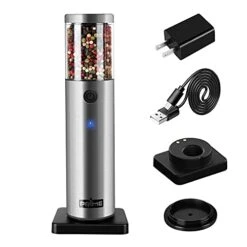 Prime RIME, Electric Salt And Pepper Grinder, 1 Mill, Rechargeable, With Charging Base, USB Cable, Power Adapter, Automatic Tact Switch Operation, Adjustable Coarseness, Stainless Steel (Ver. 2.1)