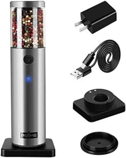 Prime RIME, Electric Salt And Pepper Grinder, 1 Mill, Rechargeable, With Charging Base, USB Cable, Power Adapter, Automatic Tact Switch Operation, Adjustable Coarseness, Stainless Steel (Ver. 2.1) -Peugeot Shop 410Df1jse4L. AC